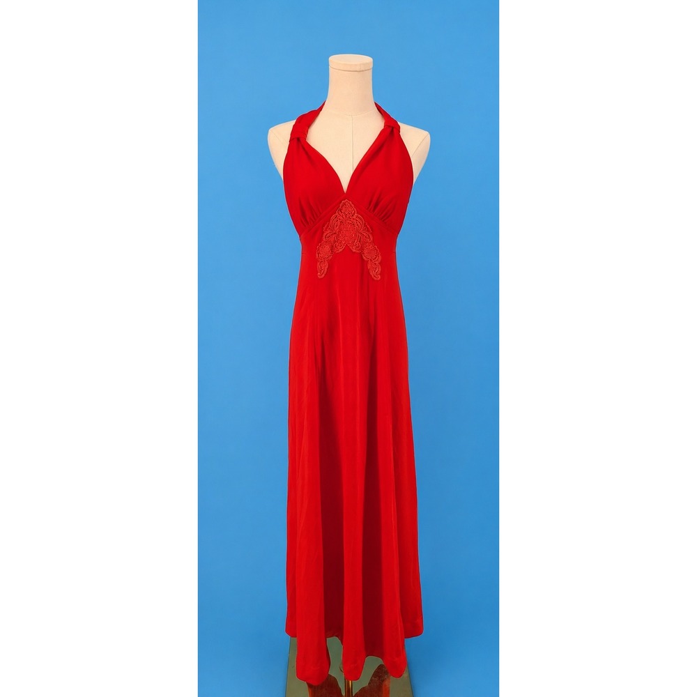 Vintage Evening Dress Womens 8 Juniors 11 Red Halter Maxi Lace Empire‎ Waist Y2K